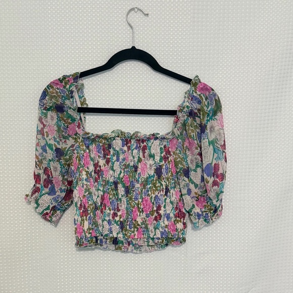 ASTR The Label Smocked Floral Crop Top Multicolor Puff Sleeve Ruffle | S - Picture 7 of 9